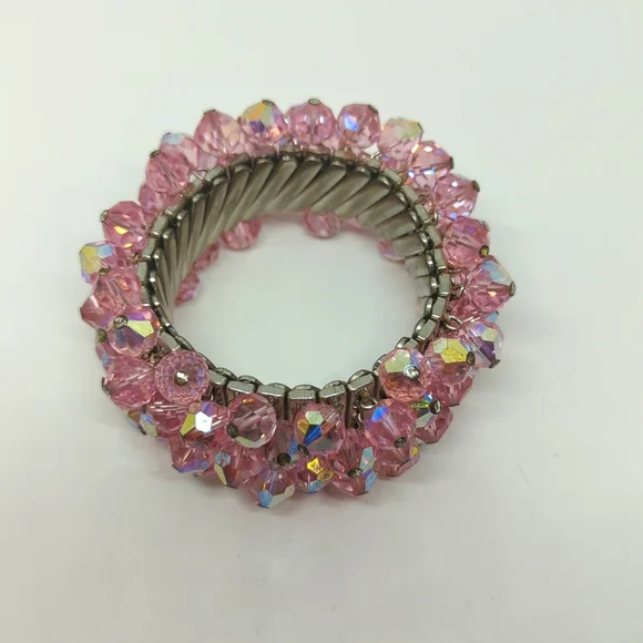 Vintage Pink Aurora Borealis Crystal Stretch Bracelet - Picture 9 of 12